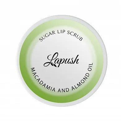 Lapush Macadamia and Almond Oil Sugar Lip Scrub round container featuring a green and white design.