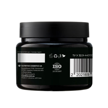 Black jar of Nutritive Cosmetics body scrub with label details visible, including ISO certification and barcode.